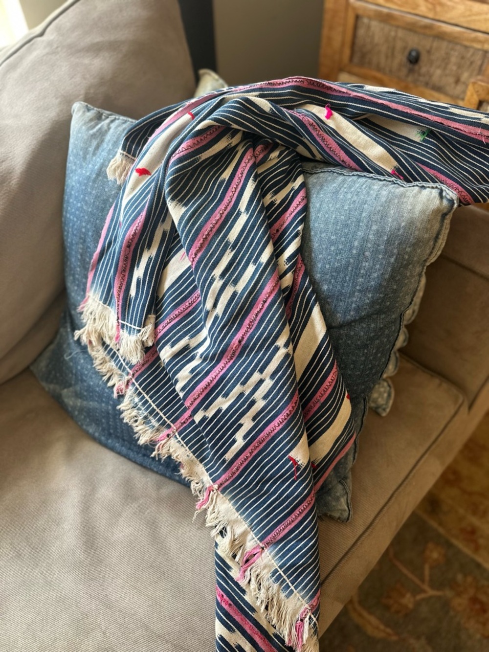 Blue & Pink Striped Ikat Handwoven MudCloth - Picture 5 of 5